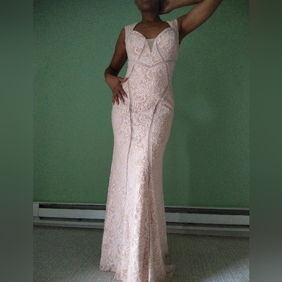 Women's Aqua beige illusion inset lace gown - Picture 2 of 14